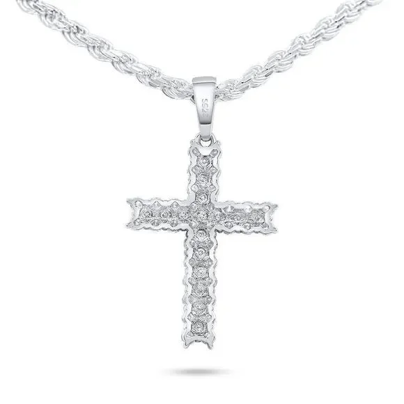 2 Row VVS1 Moissanite Cross Pendant Men Women, 18k White Gold Plated 925 Silver - Picture 6 of 7